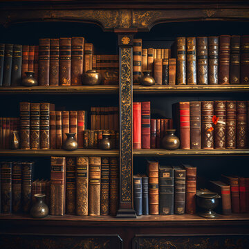 Vintage leather-bound books on a library shelf.