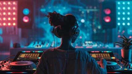Female DJ in headphones playing music at nightclub with neon lights on background
