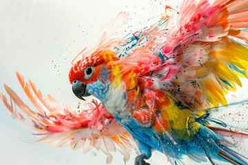 Dynamic artwork of a parrot with a burst of paint splashes, symbolizing vibrant life and creativity in motion.