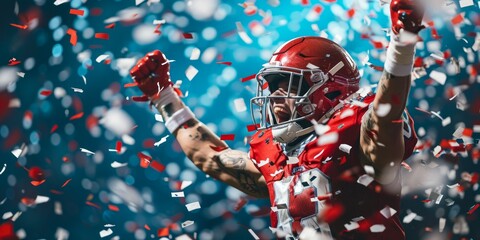 Portrait of a strong American football player in red jersey and helmet on the field with confetti.