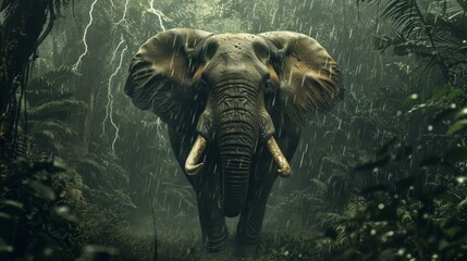 Elephant in the rainforest during rain and thunderstorms