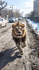 A lion walking down a dirt road next to cars