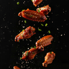 Buffalo chicken wings scattered, falling, or floating, sprinkled with herbs and spices, isolated on black background.  