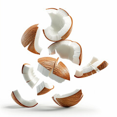 Crashed broken coconut flying or floating. Falling pieces of coconut, isolated on white background. 