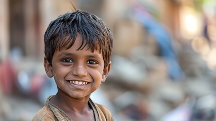 An Indian poor kid smiles on October 19, 2017 in Agra, India
