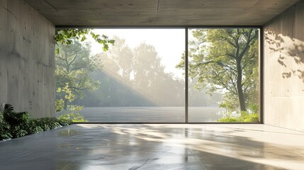 A 3D render of an empty concrete room with a large window against a natural backdrop.