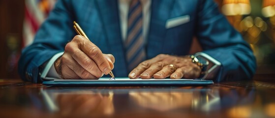 Businessman signing digital document on digital tablet, virtual notepad on virtual screen, online contract signing with application.