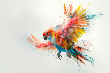 Obraz na płótnie Canvas Dynamic artwork of a parrot with a burst of paint splashes, symbolizing vibrant life and creativity in motion.