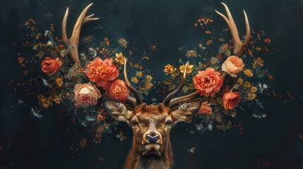 A painting of a deer with flowers on it's antlers - obrazy, fototapety, plakaty