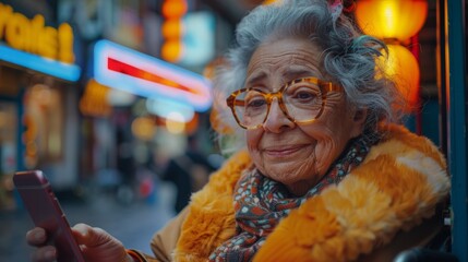 Obraz premium A woman with glasses looking at her cell phone