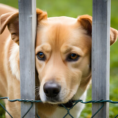 sad old dog looking over a fence at outside