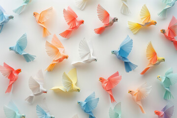 A creative display of multi-colored paper birds crafted with intricate detail, arranged in a dynamic flight pattern.