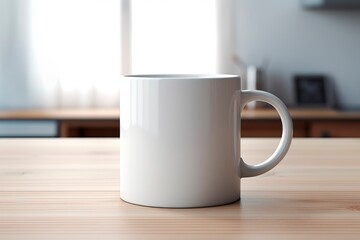 A plain white ceramic mug mock up on a wooden table, Coffee Cup