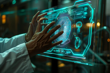 hands of a doctor clad in a white coat interacting with a holographic health interface. futuristic panels, icons, and health app projections, it the integration of health and technology. innovations