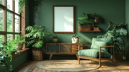 Interior design of a designer living room with sage green walls, frotte armchair, wooden commode, side table, plants, and creative home accessories. Template. Copy space.
