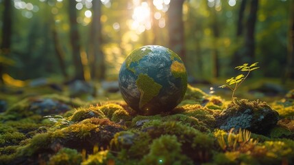 The environment is shown in this image with a green globe surrounded by moss and defocused abstract sunlight for Earth Day - obrazy, fototapety, plakaty