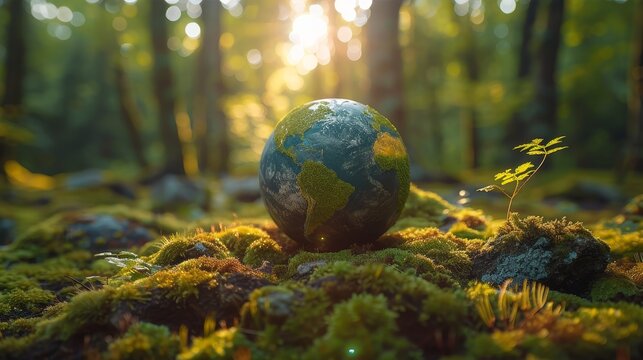 The environment is shown in this image with a green globe surrounded by moss and defocused abstract sunlight for Earth Day