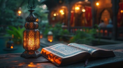 The Holy Quran is lit and Ramadan kareem is performed - obrazy, fototapety, plakaty