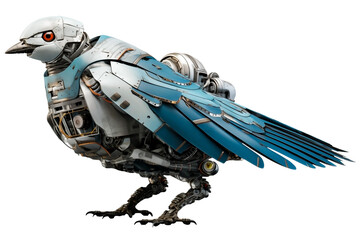 Realistic mechanical cyber bird Robotic pigeon PNG isolated on a white and transparent background -cybernetic Hybrid cyber Spy Pigeon robot Technology