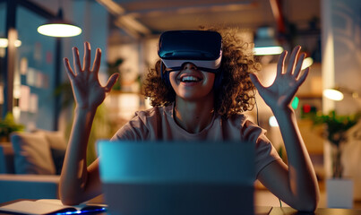 Dziewczyna siedząca przy laptopie korzysta z okularów VR - obrazy, fototapety, plakaty