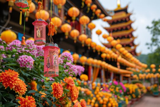 the festive spirit of Vesak with vibrant images of temples adorned in lanterns, flowers, and flags