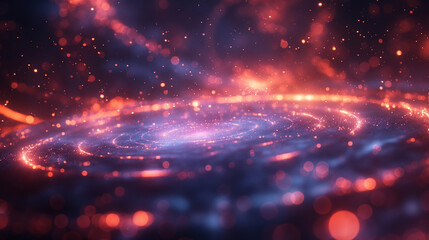 Fototapeta premium Abstract flying on a dark blue and red background topic of artificial intelligence, neural networks, big data. Copy space