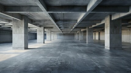 The rendering shows a concrete building with a parking lot, an empty cement floor, and a car park.