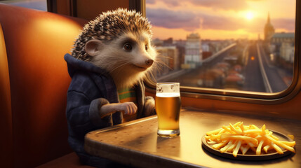 An endearing 3D animated hedgehog in a jacket on a train, gazing out the window at the city sunset with a beer and fries.