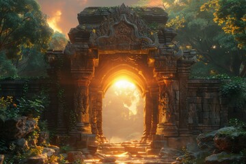 Heaven gates opening onto realms of unimaginable beauty where peace and serenity reign supreme - obrazy, fototapety, plakaty