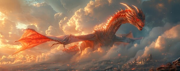 Legendary dragons soaring above ancient kingdoms their power unmatched and revered - obrazy, fototapety, plakaty