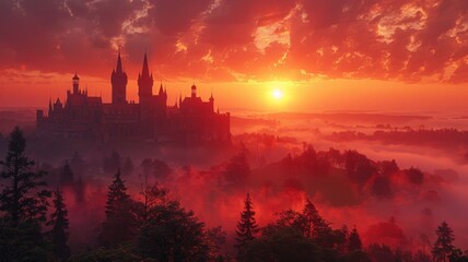 Medieval kingdoms at dawn their castle fortifications silhouetted against the rising sun - obrazy, fototapety, plakaty
