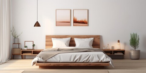 Elegant Bedroom With White Walls and Wooden Bed Generative AI