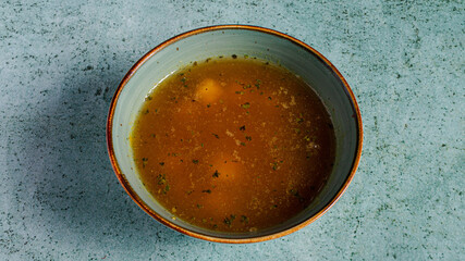 Chicken soup bowl top view isolated