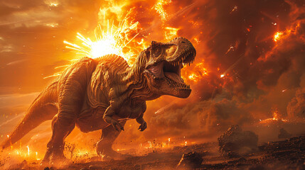 Mass extinction event meteor strike with intense fireball dinosaurs fleeing - obrazy, fototapety, plakaty