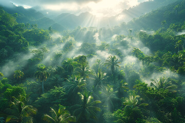 Fototapeta na wymiar Jurassic period dense jungle scene dinosaurs in the mist early morning light
