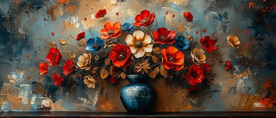 Abstract painting, metal element, texture background, flowers, plants, flowers in a vase, modern painting
