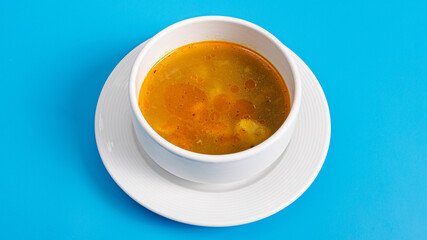 Chicken soup bowl top view isolated