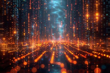 Cyber city lights: futuristic urban landscape with data holograms & ai singularity