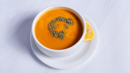 Lentil soup bowl top view isolated