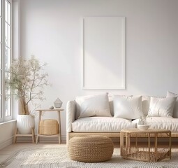 Mockup Frame in a Modern Living Room Interior Background with a Touch of Scandinavian Style, Presented in 3D Render. Made with Generative AI Technology