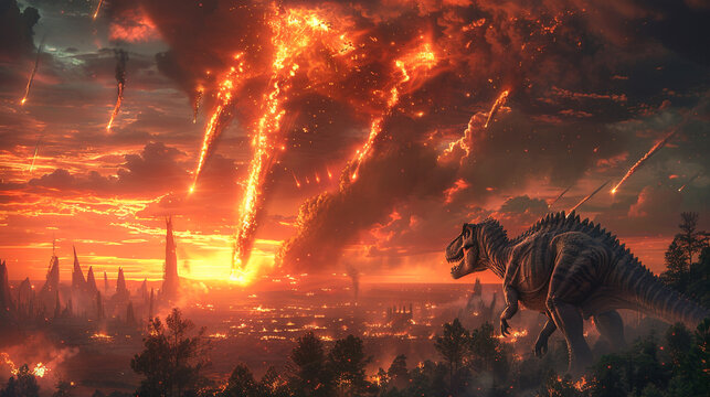 Mass extinction event meteor strike with intense fireball dinosaurs fleeing