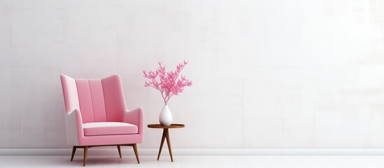 A modern pink chair is positioned next to a sleek white vase filled with delicate pink flowers against a minimalist white wall backdrop.