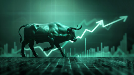 Green Bull and Rising Stock Market Background - This image showcases a formidable bull silhouetted against a rising market trend line in green