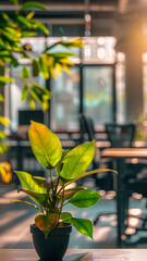 Green plant in a sunny office environment - A vibrant green potted plant adds a touch of nature to an illuminated, modern office atmosphere, signifying growth and tranquility