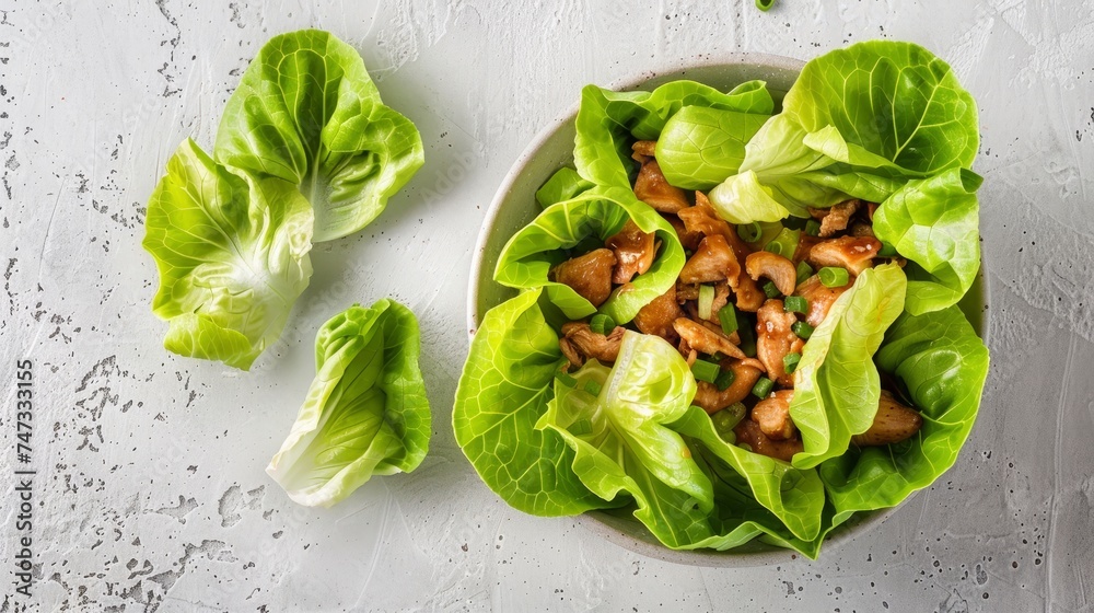 Sticker gourmet hoisin chicken lettuce cups on white background