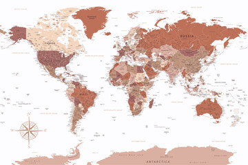 World Map - Highly Detailed Vector Map of the World. Ideally for the Print Posters. Brown Beige White Colors - 747333105