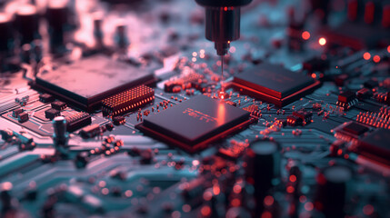 Close-up of silicon die being extracted from a semiconductor wafer, computer chip production. - obrazy, fototapety, plakaty