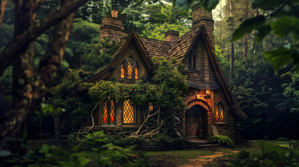 Fairytale cottage in an enchanted forest - A fairytale cottage with charming architectural details is nestled in a magical green forest with warm light - obrazy, fototapety, plakaty