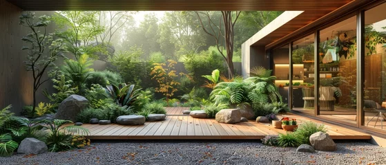 Poster Im Rahmen 3D rendering of modern house with wooden deck floor at entrance and patio. © Zaleman