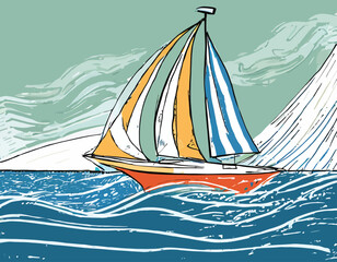 Hand drawn vector illustration of a sailboat sailing the ocean